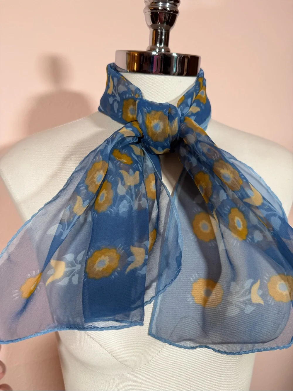 Vintage Cottagecore floral semi sheer blue tan long rectangular scarf